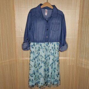 Justice Girls Long Sleeve Denim Look Dress With Butterfly Skirt 12